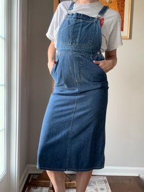 Old Navy Blue Denim Overalls with Red Trim Accent